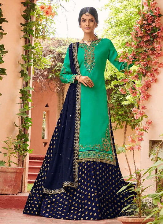 Lehenga Choli Georgette Satin Blue Turquoise Diamond Lehenga Choli