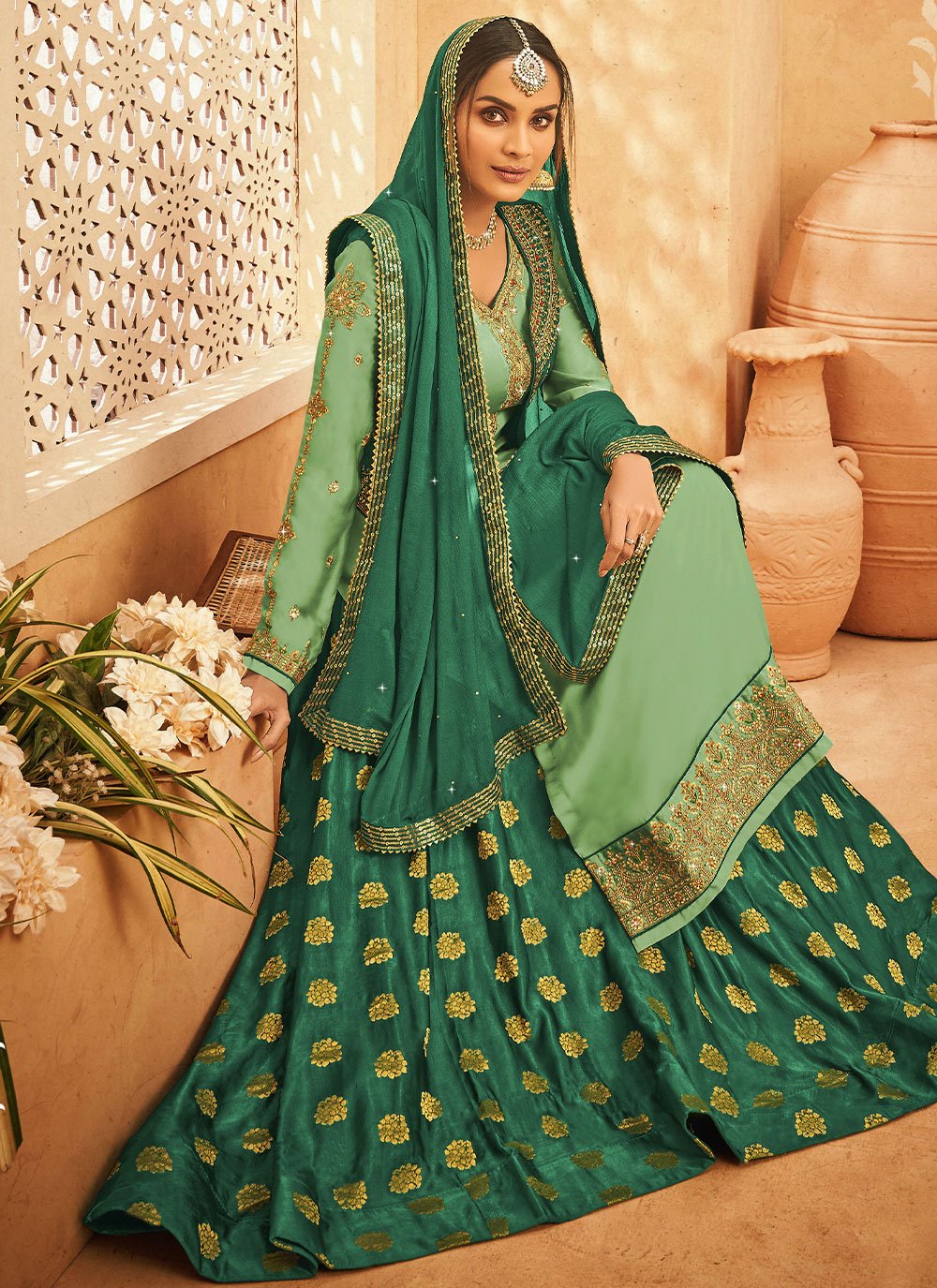 Lehenga Choli Georgette Satin Green Embroidered Lehenga Choli