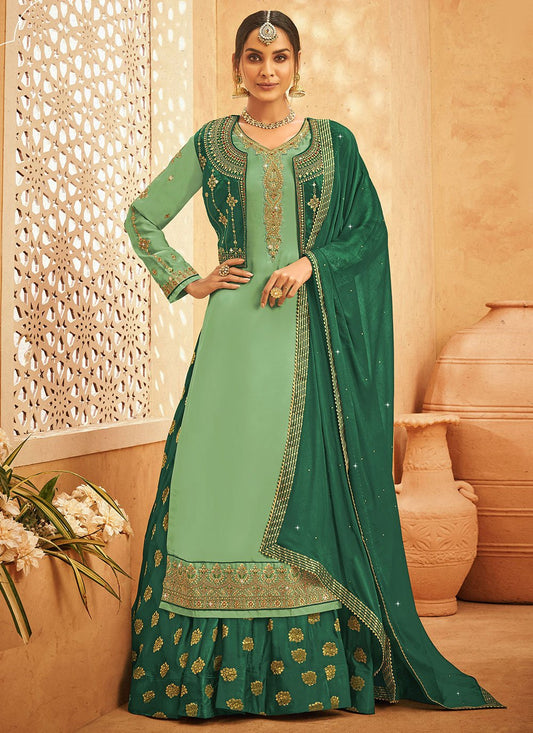 Lehenga Choli Georgette Satin Green Embroidered Lehenga Choli