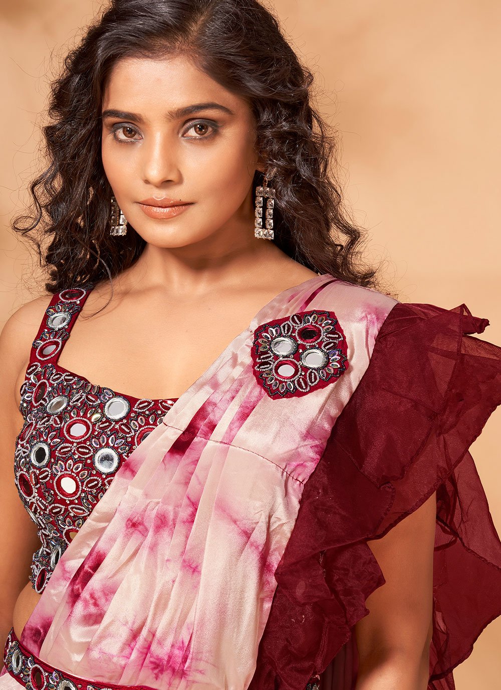 Designer Georgette Satin Maroon Print Saree