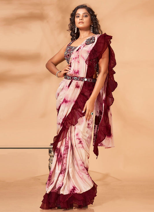 Designer Georgette Satin Maroon Print Saree