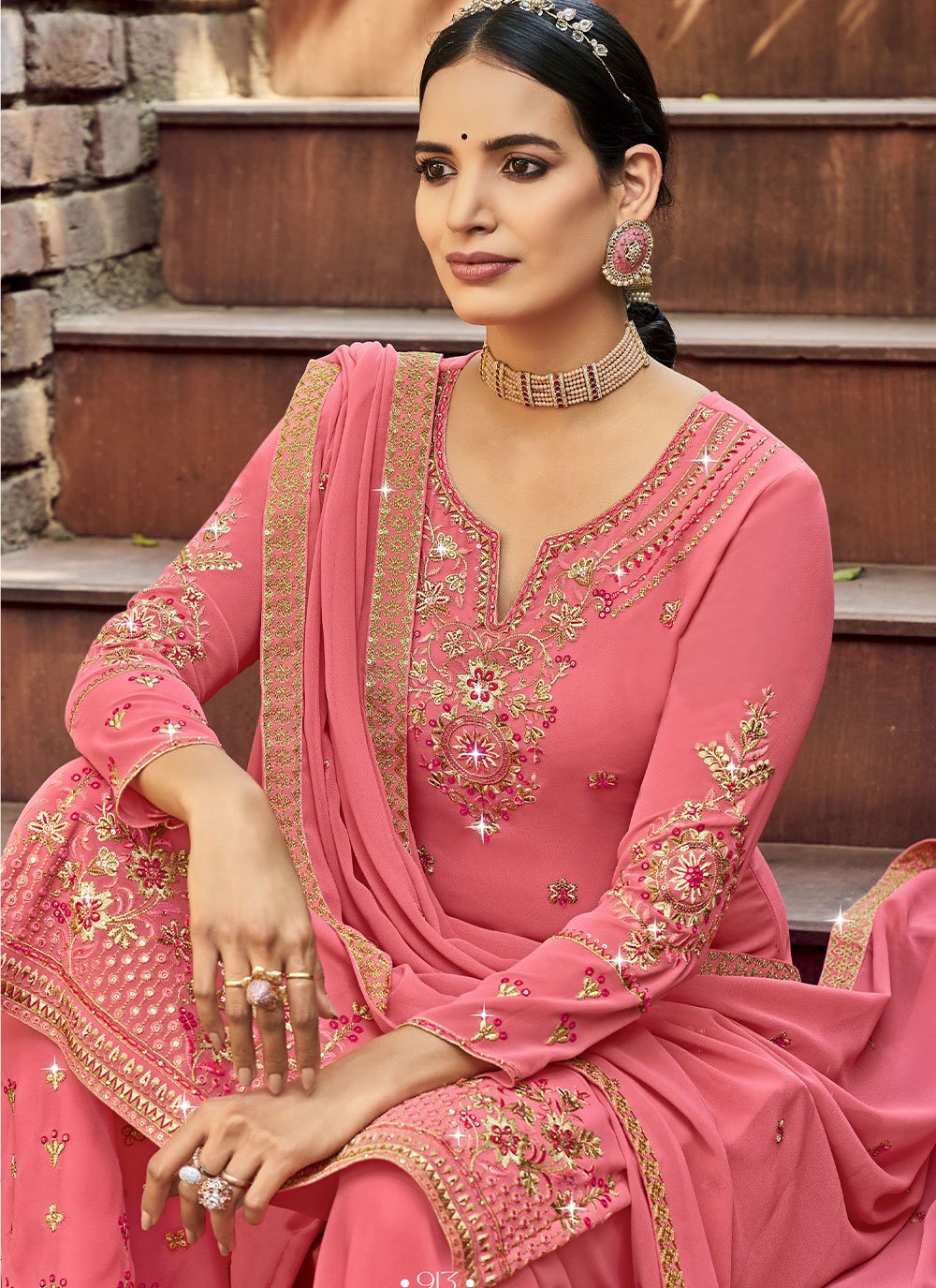 Palazzo Salwar Suit Georgette Satin Peach Diamond Salwar Kameez