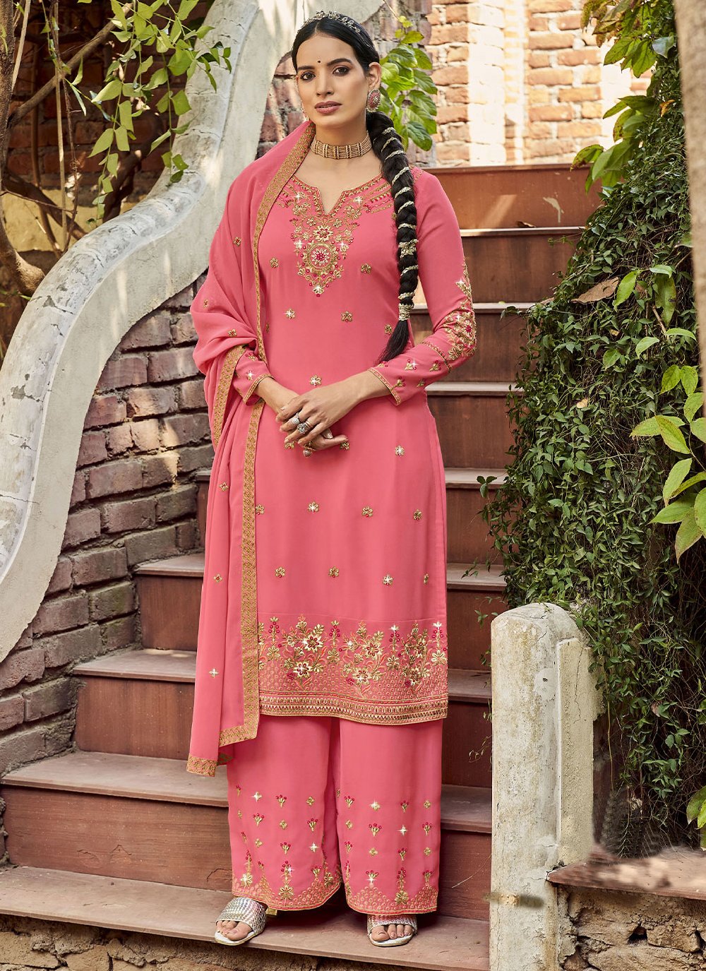 Palazzo Salwar Suit Georgette Satin Peach Diamond Salwar Kameez