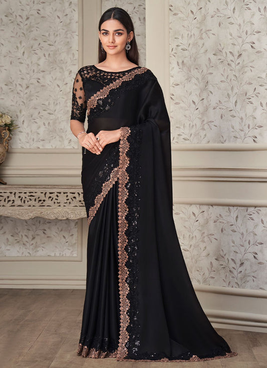 Classic Georgette Satin Black Embroidered Saree