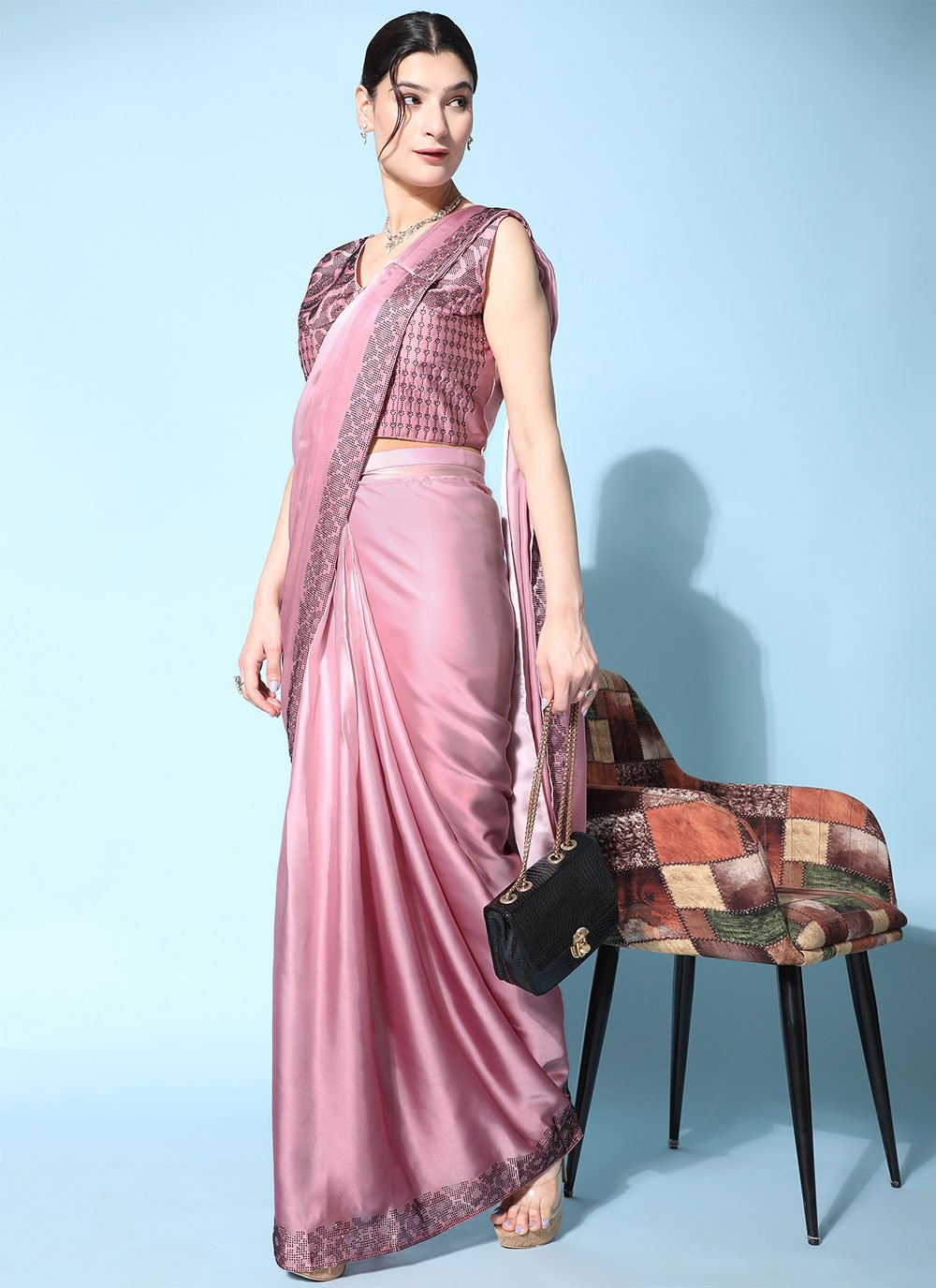 Classic Georgette Satin Mauve Patch Border Saree