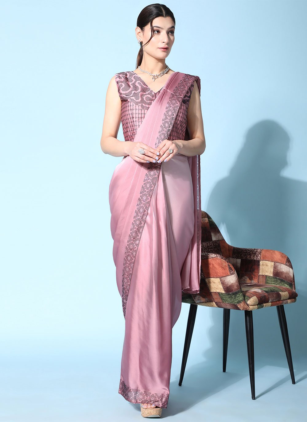 Classic Georgette Satin Mauve Patch Border Saree