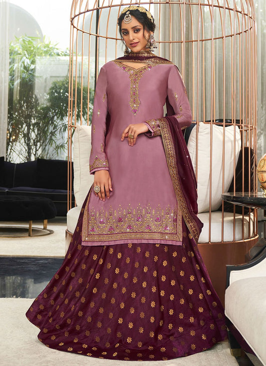 Lehenga Choli Georgette Satin Mauve Embroidered Lehenga Choli