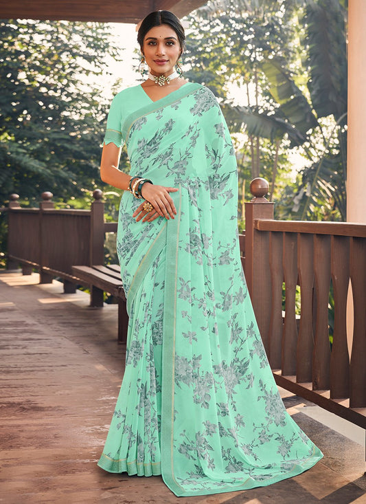 Classic Designer Georgette Sea Green Patch Border Saree