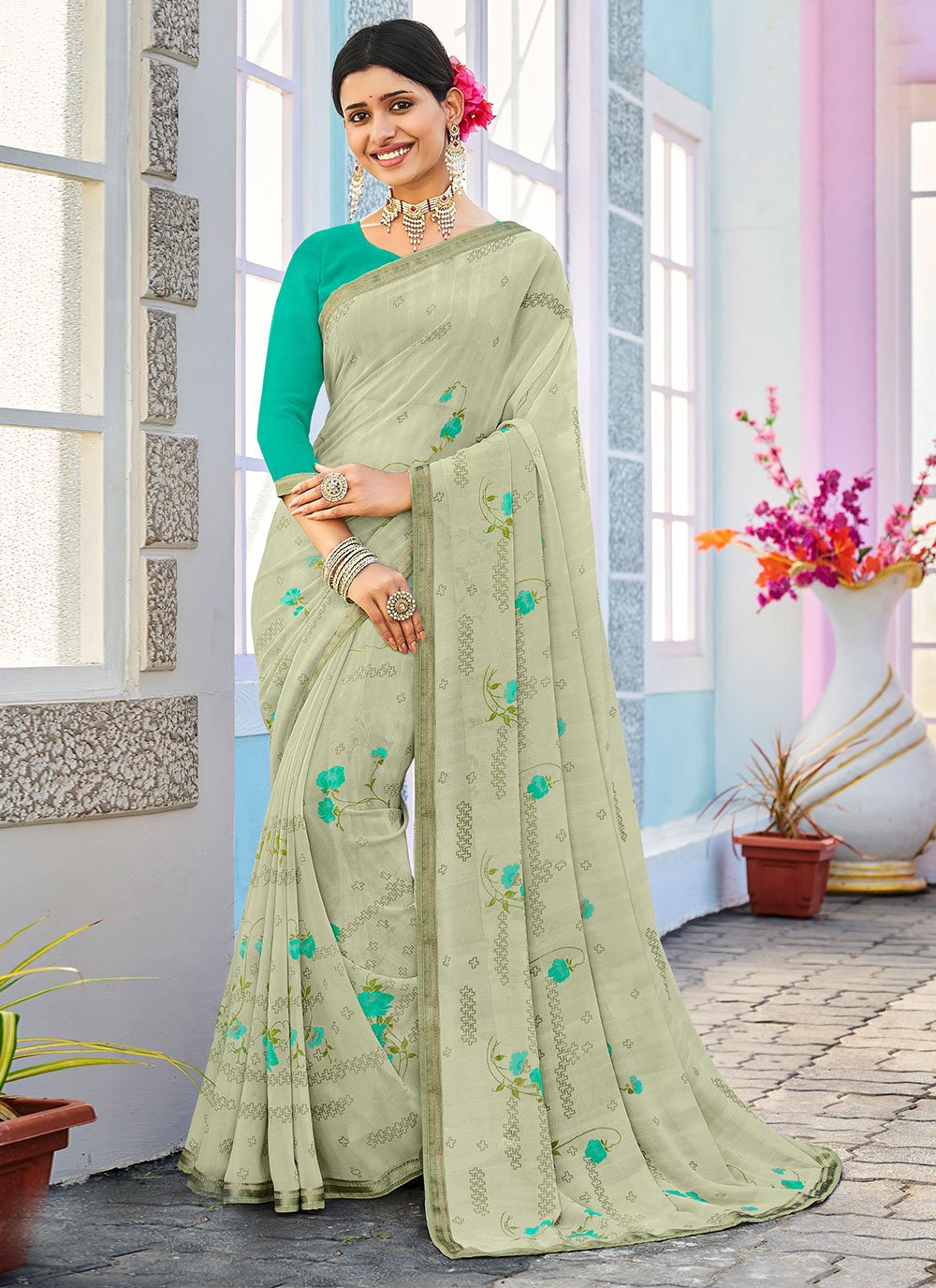 Classic Georgette Sea Green Fancy Work Saree