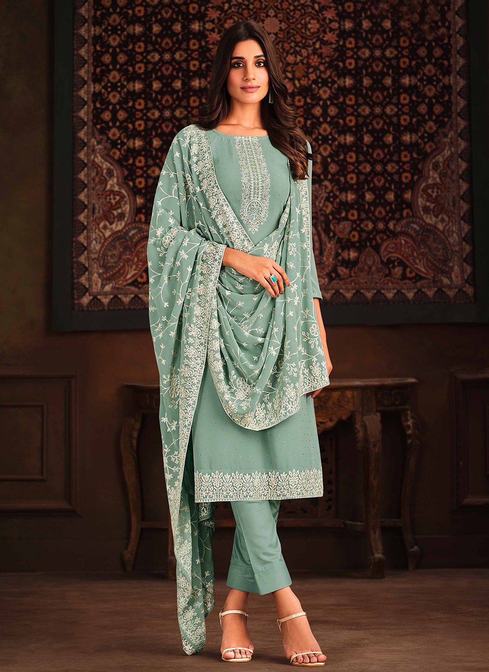 Designer Straight Salwar Suit Georgette Sea Green Embroidered Salwar Kameez