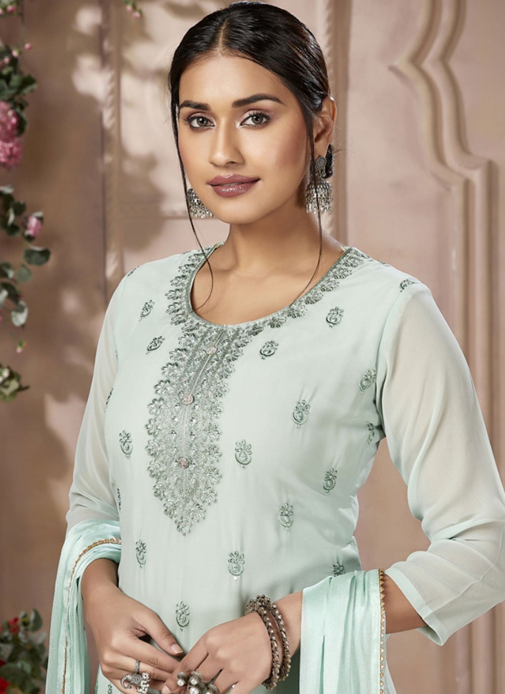 Salwar Suit Georgette Sea Green Embroidered Salwar Kameez