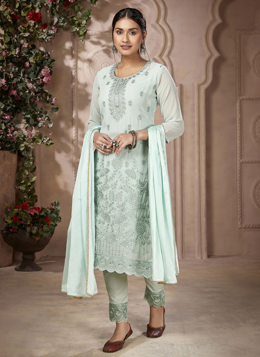 Salwar Suit Georgette Sea Green Embroidered Salwar Kameez