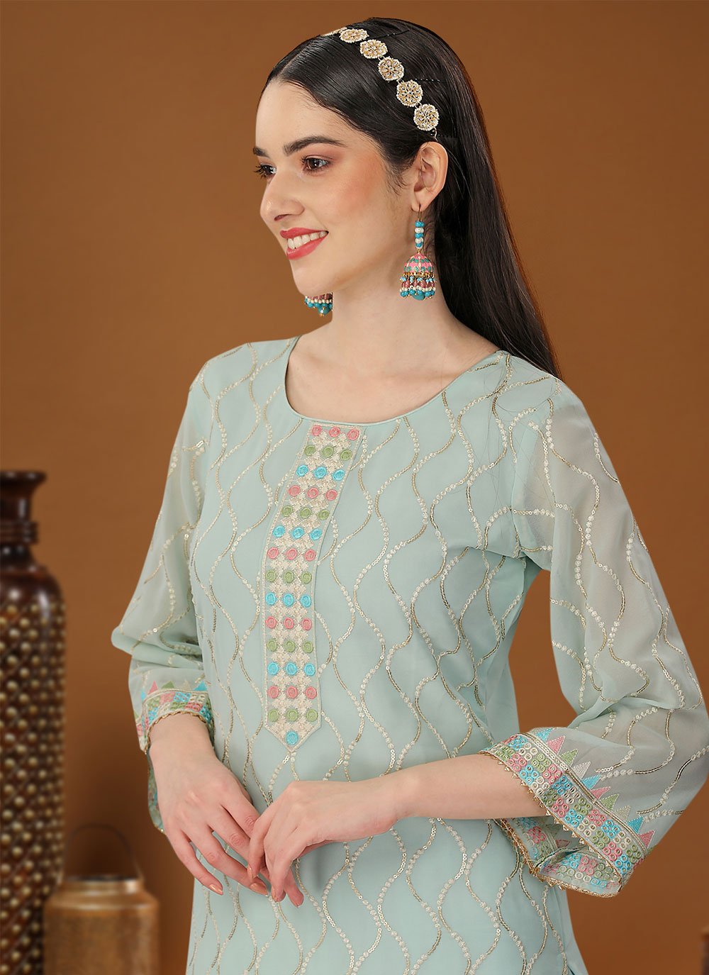 Palazzo Salwar Suit Georgette Sea Green Embroidered Salwar Kameez