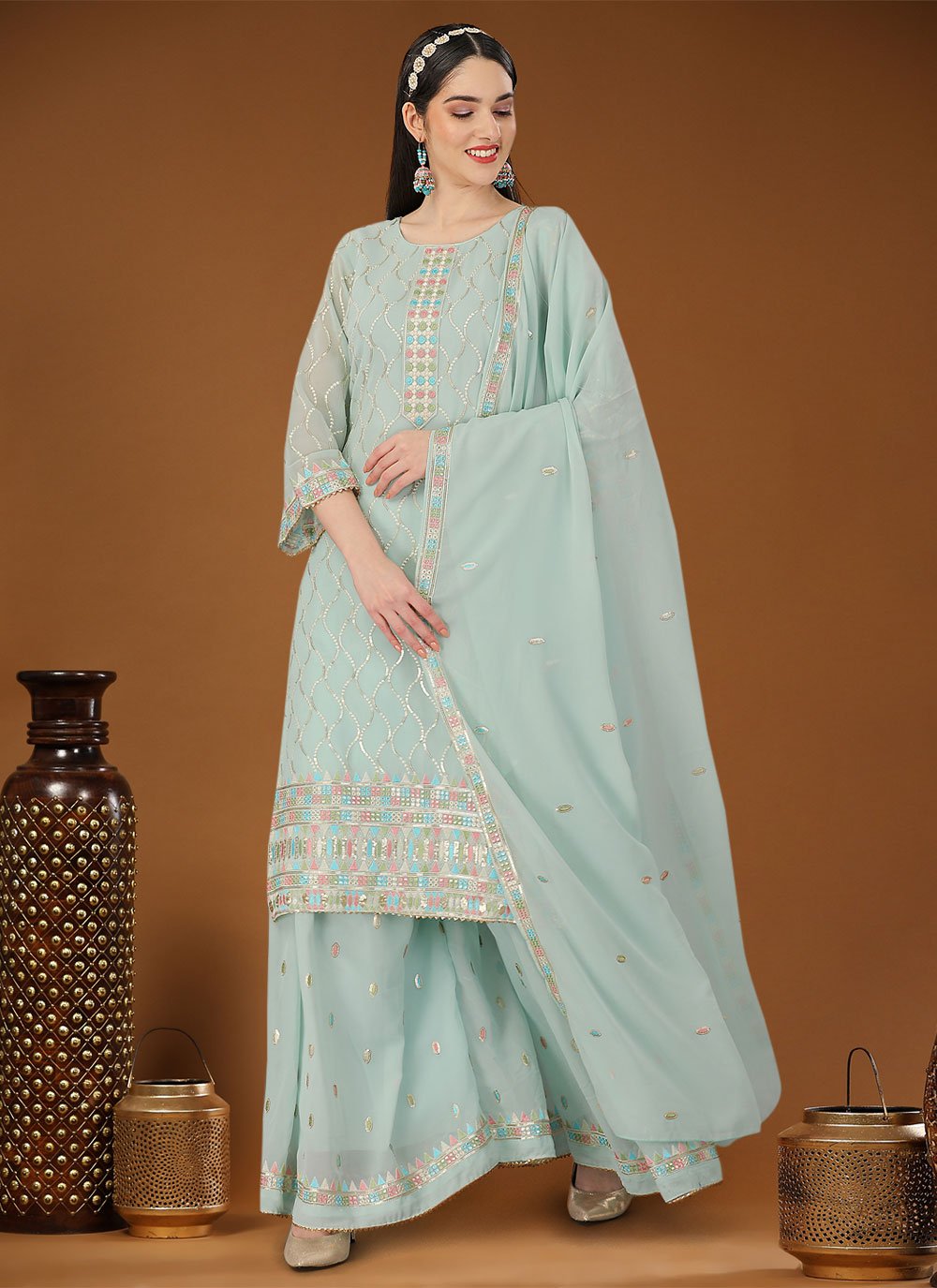 Palazzo Salwar Suit Georgette Sea Green Embroidered Salwar Kameez