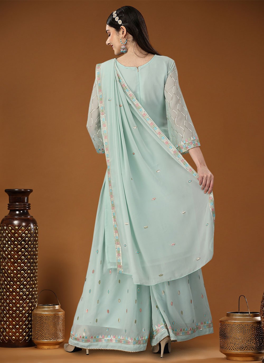 Palazzo Salwar Suit Georgette Sea Green Embroidered Salwar Kameez