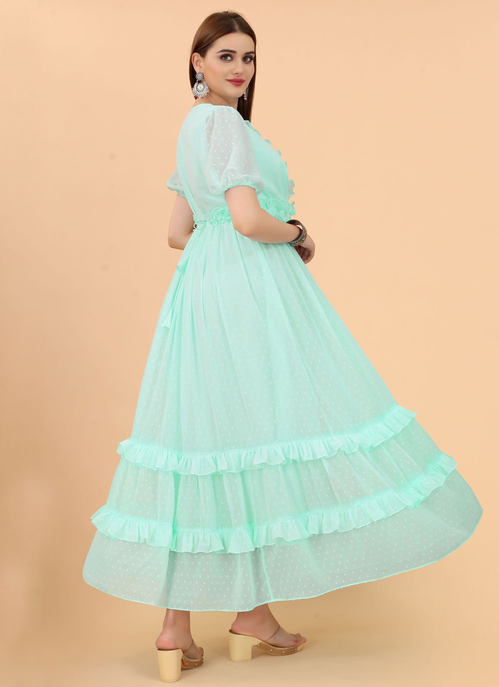 Gown Georgette Sea Green Plain Gown