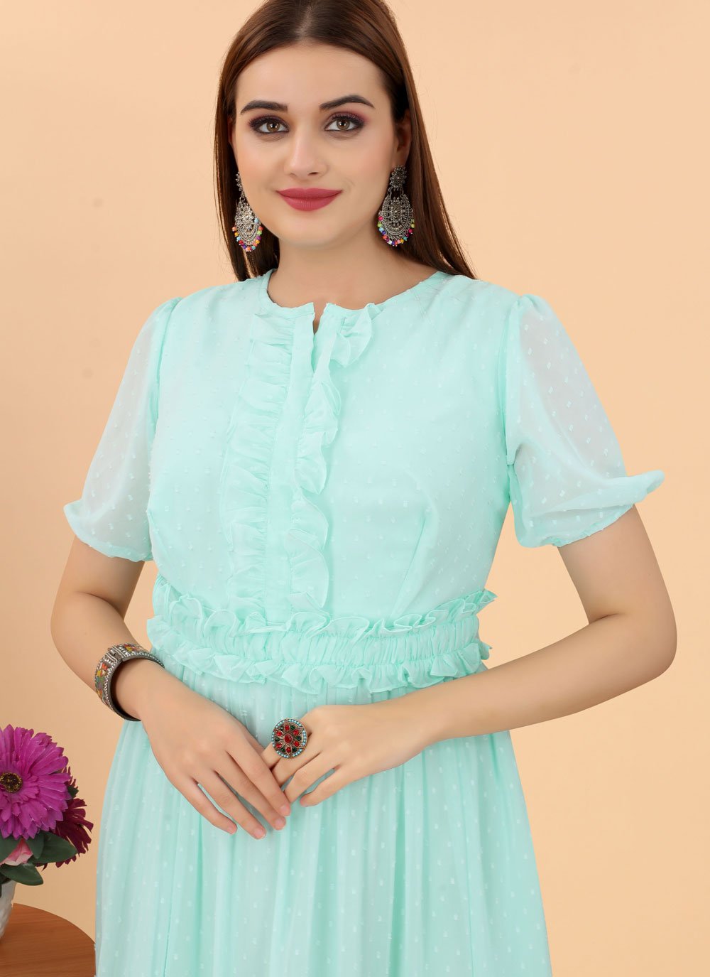 Gown Georgette Sea Green Plain Gown