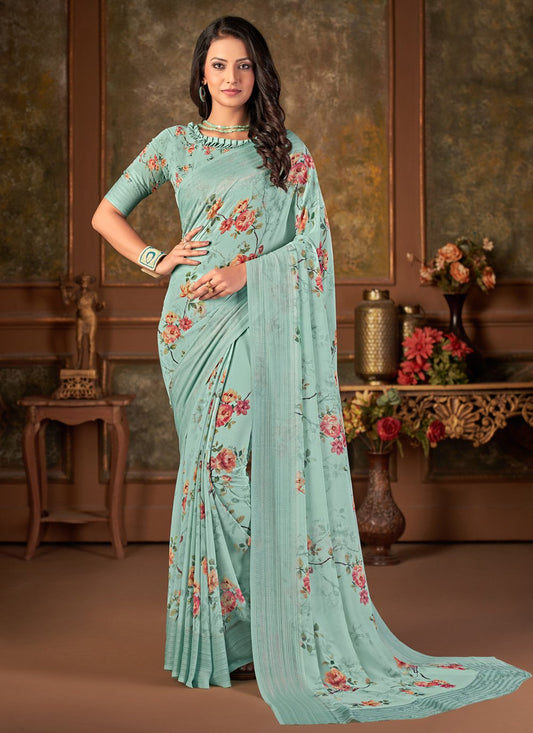 Designer Georgette Sea Green Print Saree