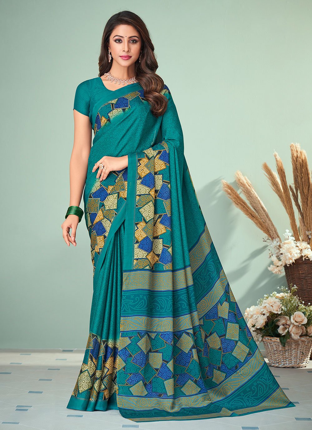 Trendy Saree Georgette Sea Green Print Saree