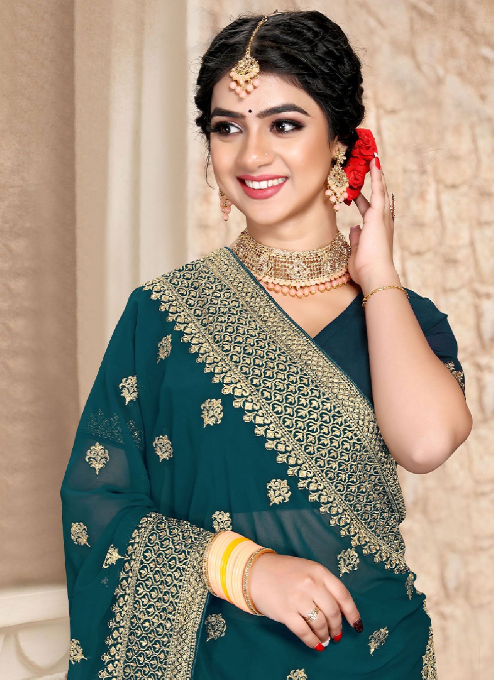 Classic Georgette Sea Green Embroidered Saree