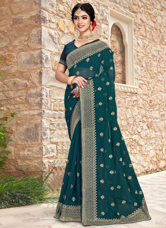 Classic Georgette Sea Green Embroidered Saree