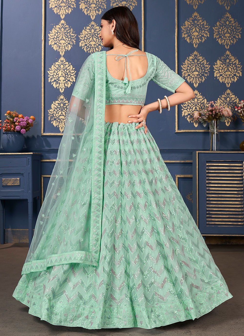 Lehenga Choli Georgette Sea Green Embroidered Lehenga Choli