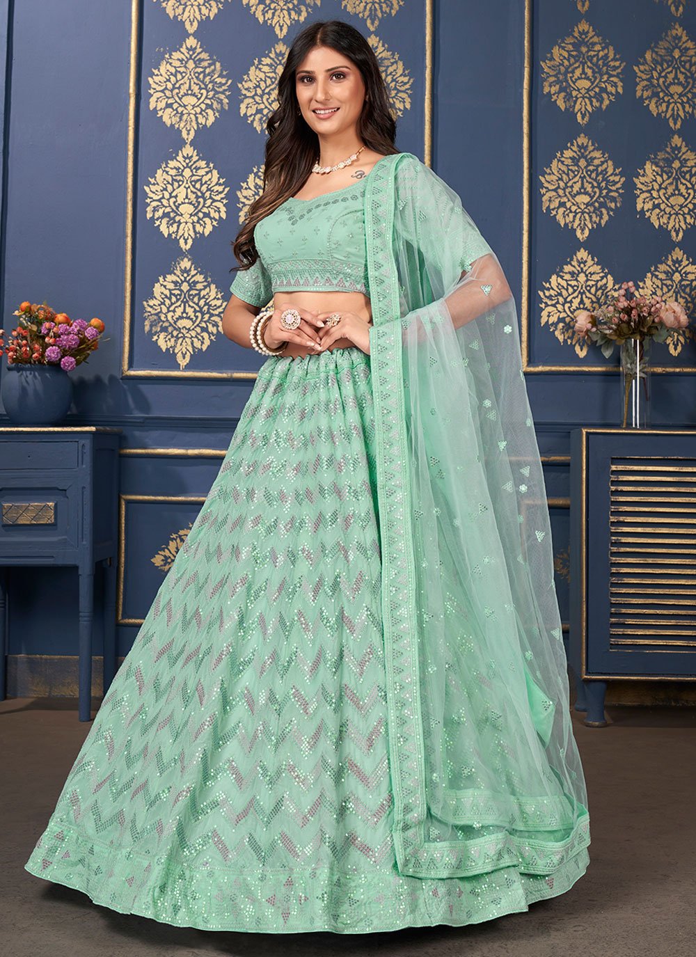 Lehenga Choli Georgette Sea Green Embroidered Lehenga Choli