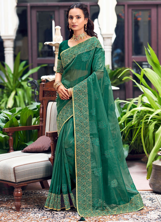 Trendy Saree Georgette Sea Green Patch Border Saree