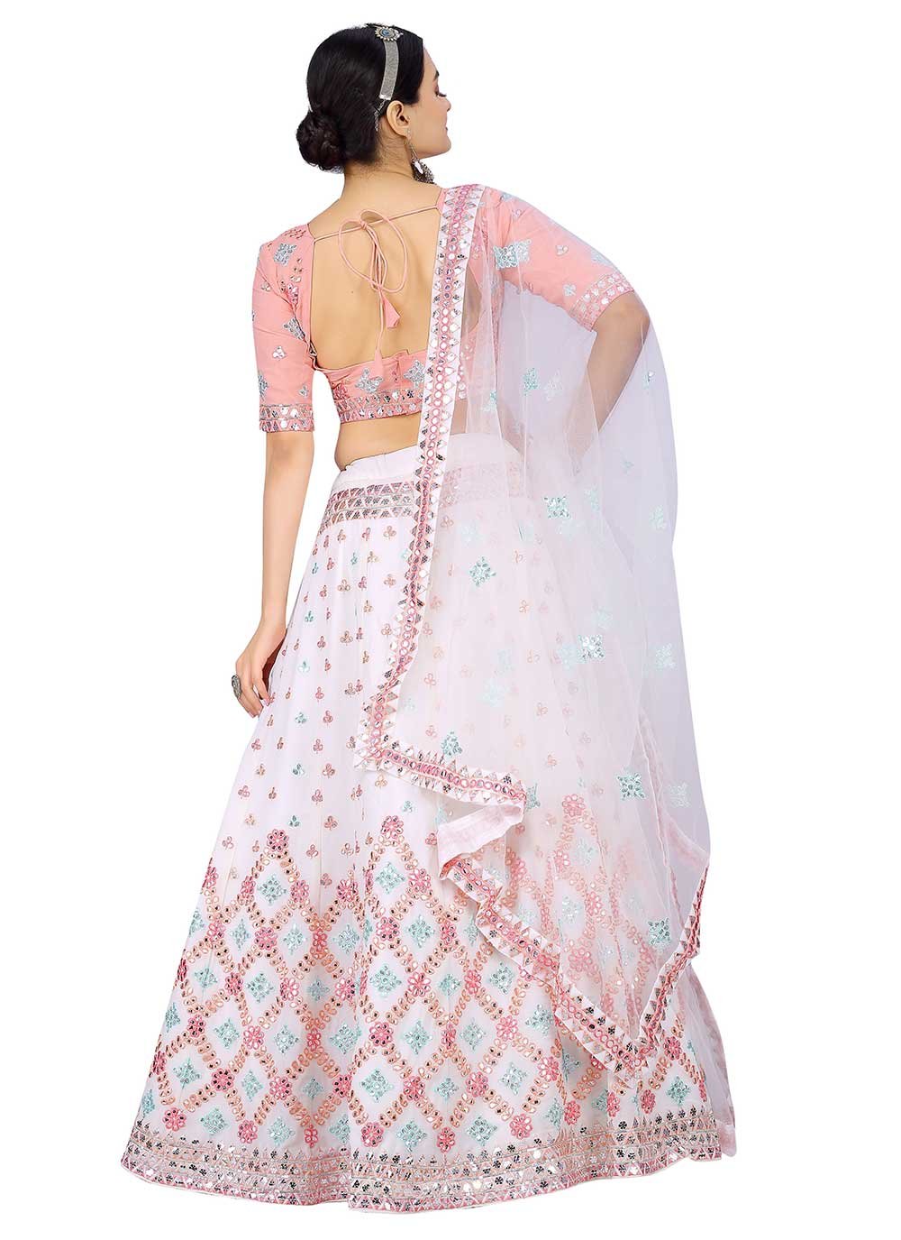 A Line Lehenga Georgette White Embroidered Lehenga Choli