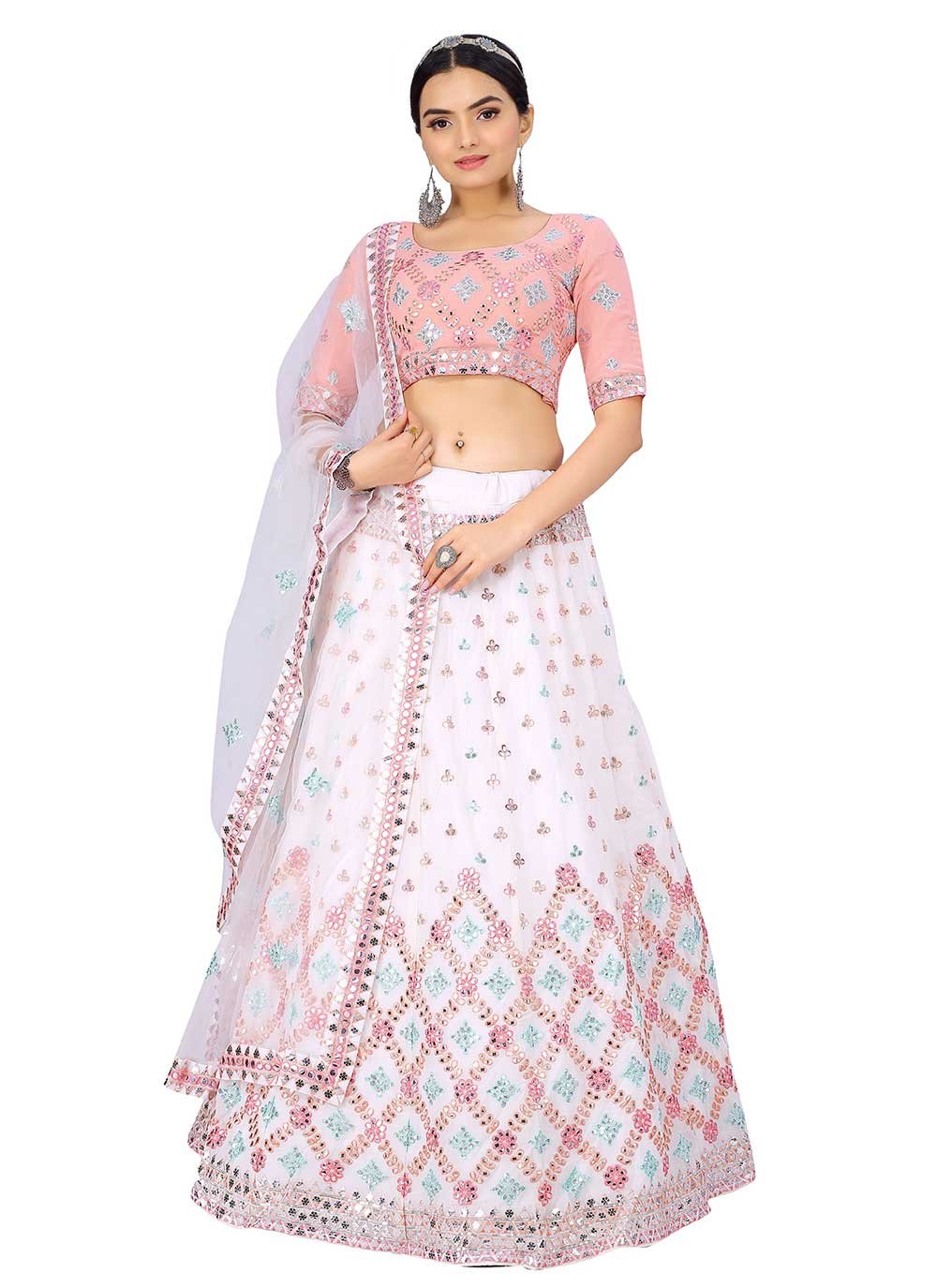 A Line Lehenga Georgette White Embroidered Lehenga Choli