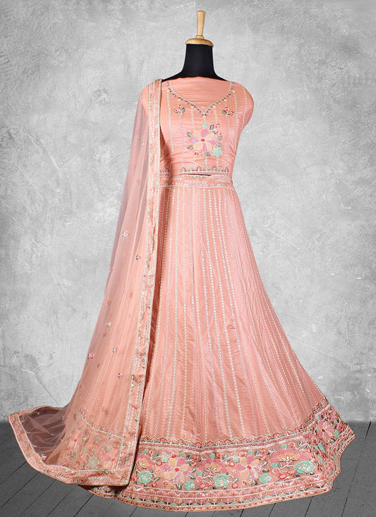 A Line Lehenga Georgette Peach Embroidered Lehenga Choli