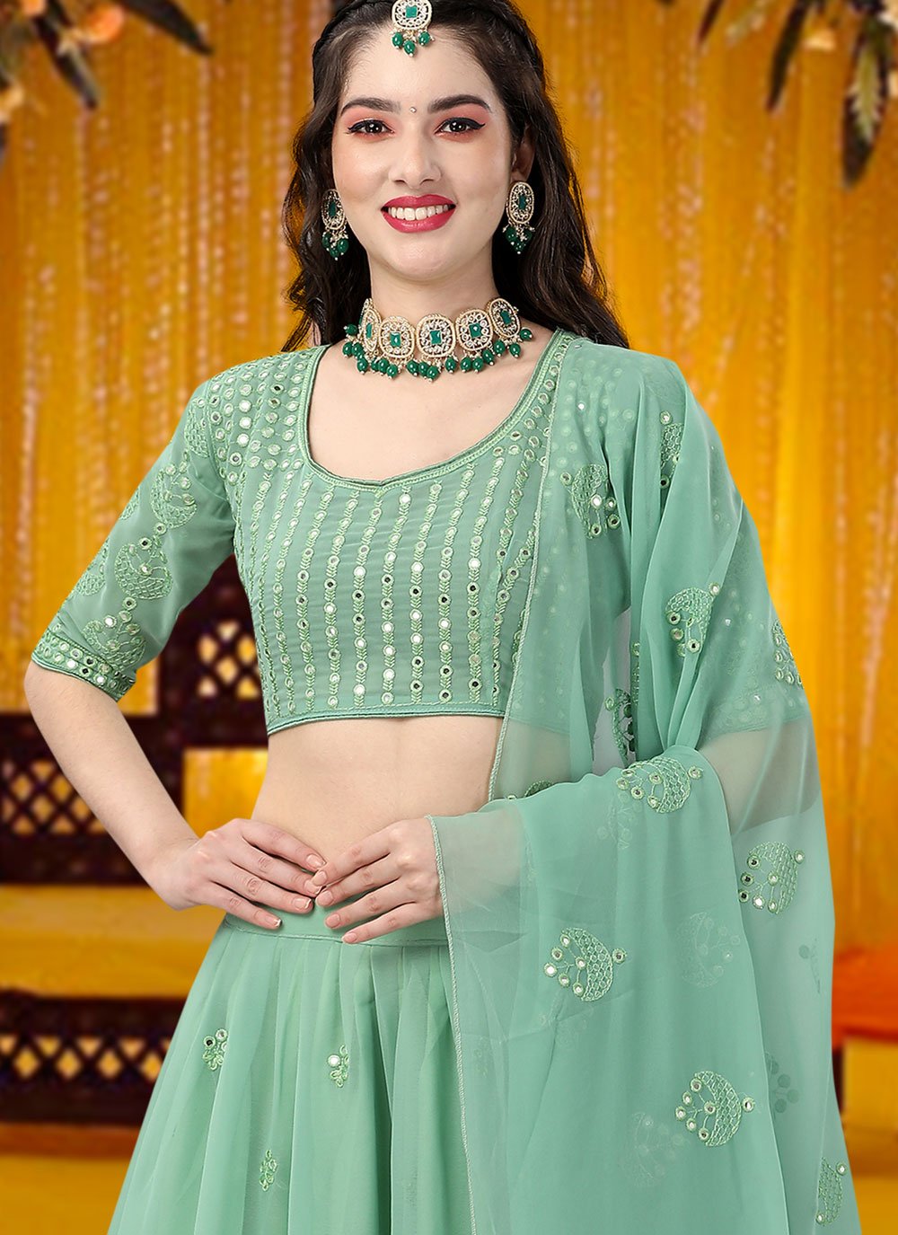 A Line Lehenga Georgette Sea Green Embroidered Lehenga Choli