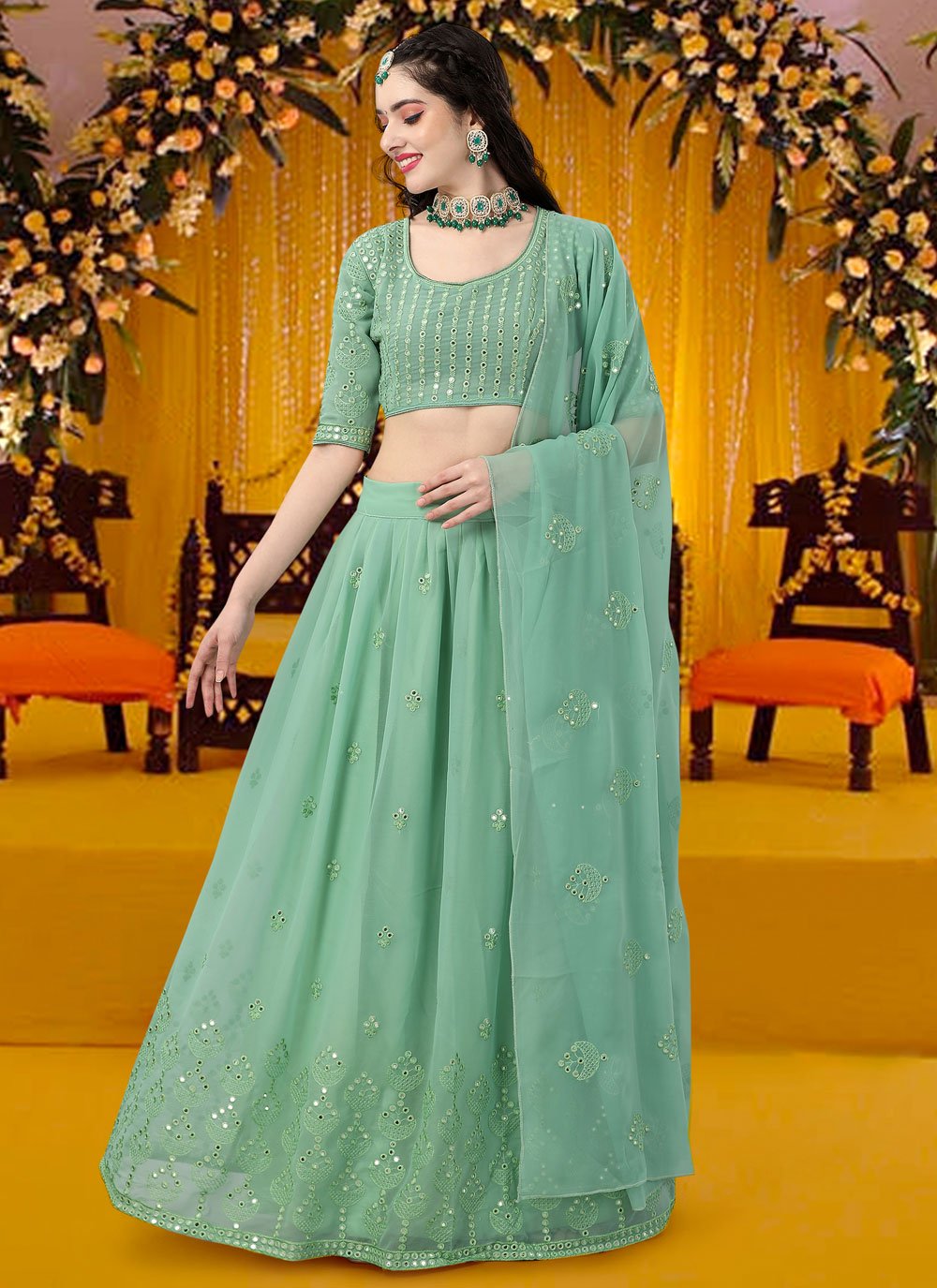 A Line Lehenga Georgette Sea Green Embroidered Lehenga Choli