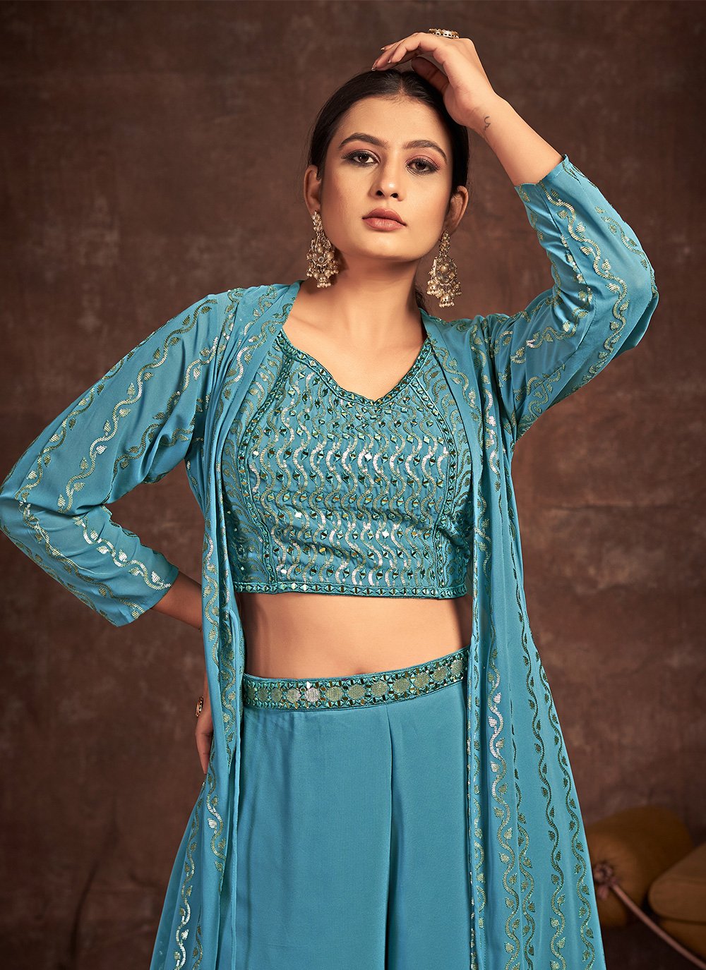 A Line Lehenga Georgette Teal Hand Work Lehenga Choli