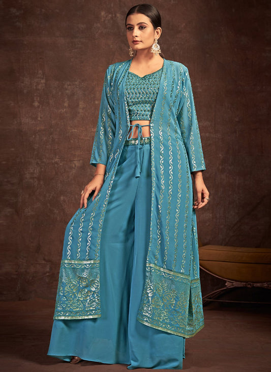 A Line Lehenga Georgette Teal Hand Work Lehenga Choli