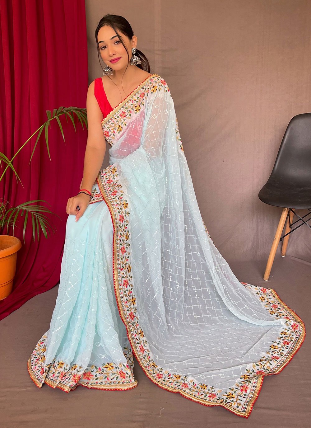 Classic Georgette Aqua Blue Sequins Saree