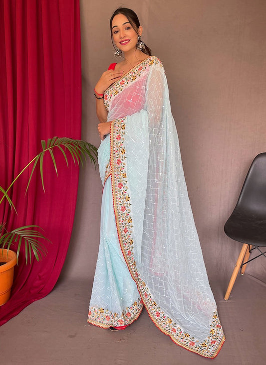 Classic Georgette Aqua Blue Sequins Saree