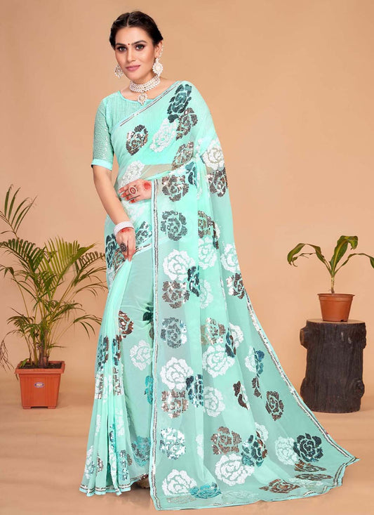 Contemporary Georgette Aqua Blue Embroidered Saree