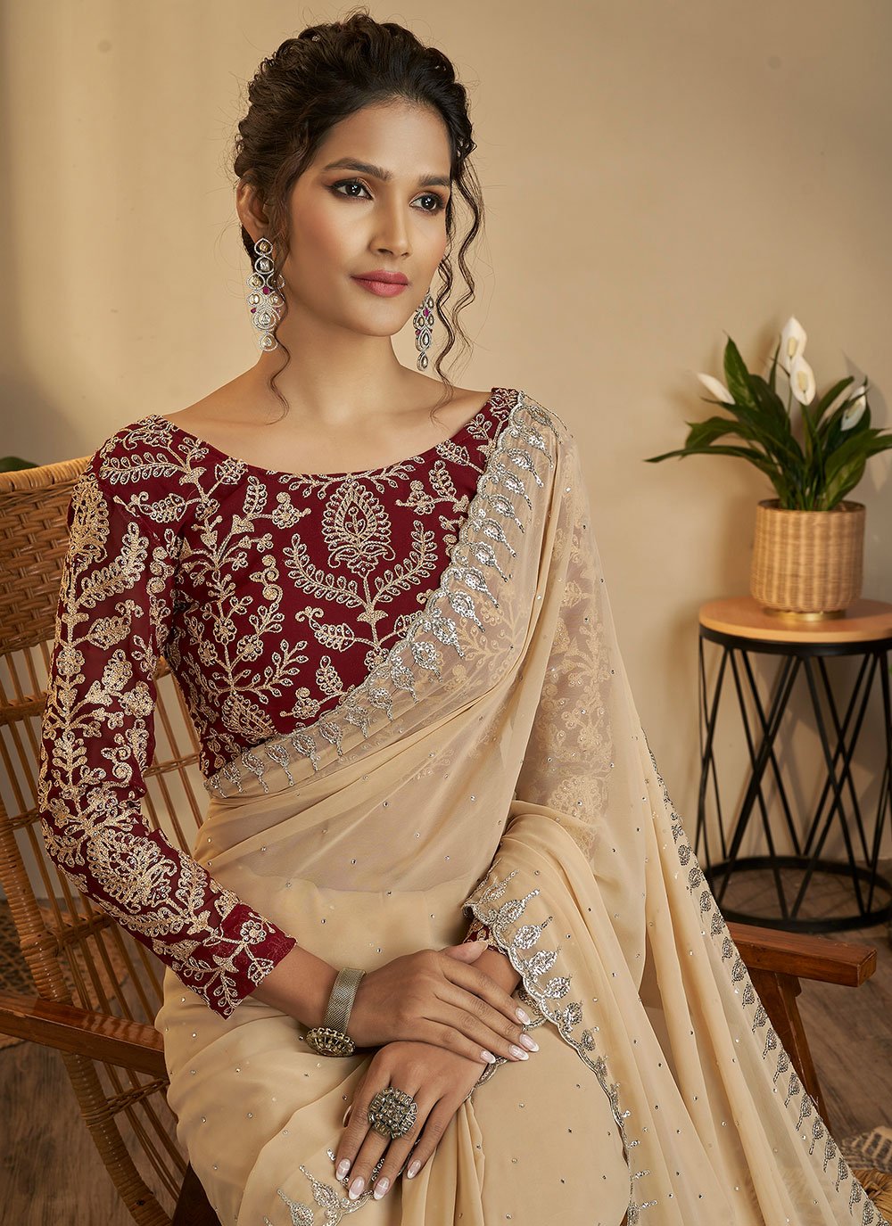 Contemporary Georgette Beige Sequins Saree