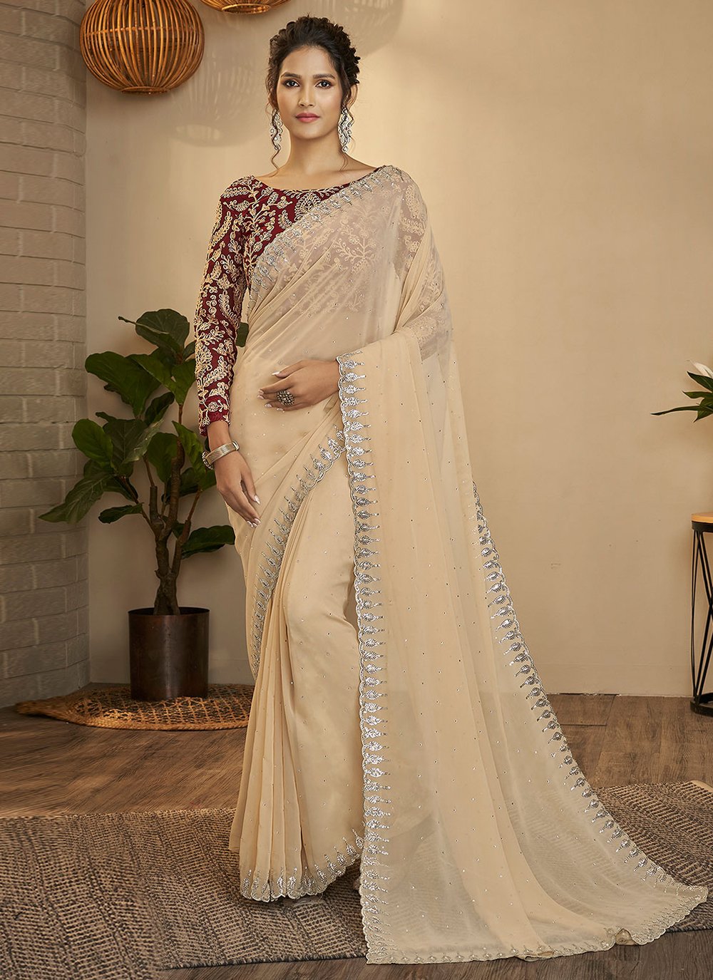 Contemporary Georgette Beige Sequins Saree