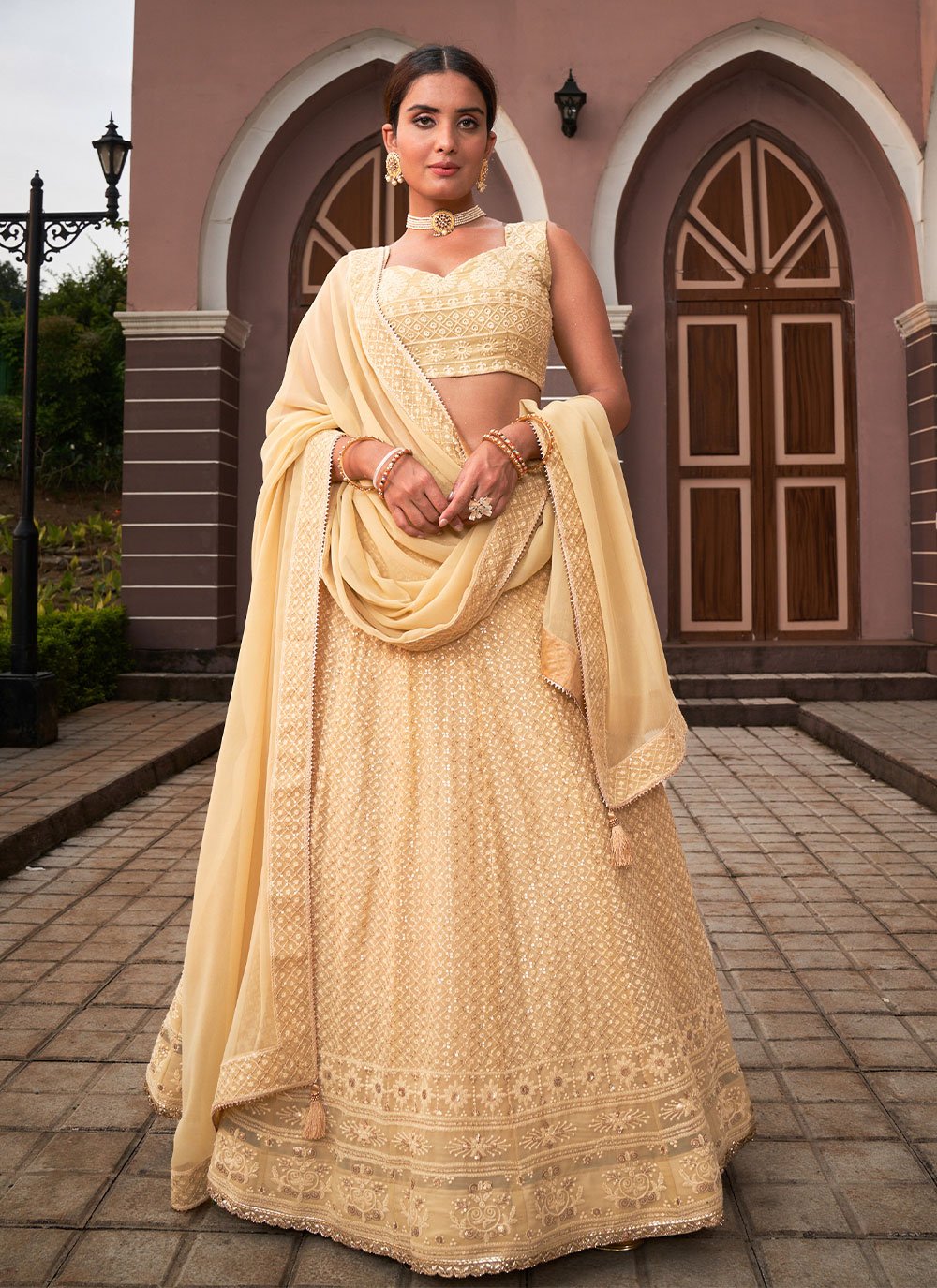 Lehenga Choli Georgette Beige Lucknowi Work Lehenga Choli