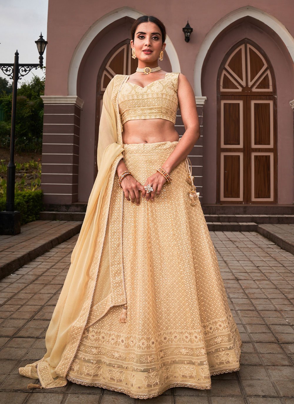 Lehenga Choli Georgette Beige Lucknowi Work Lehenga Choli