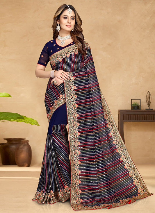 Designer Georgette Blue Embroidered Saree