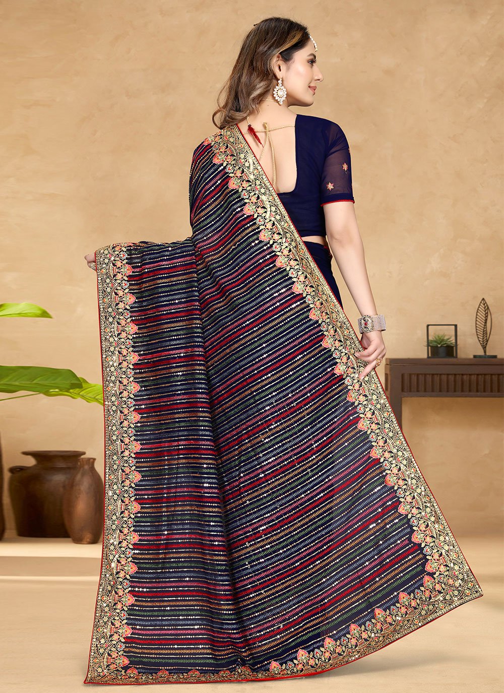 Designer Georgette Blue Embroidered Saree