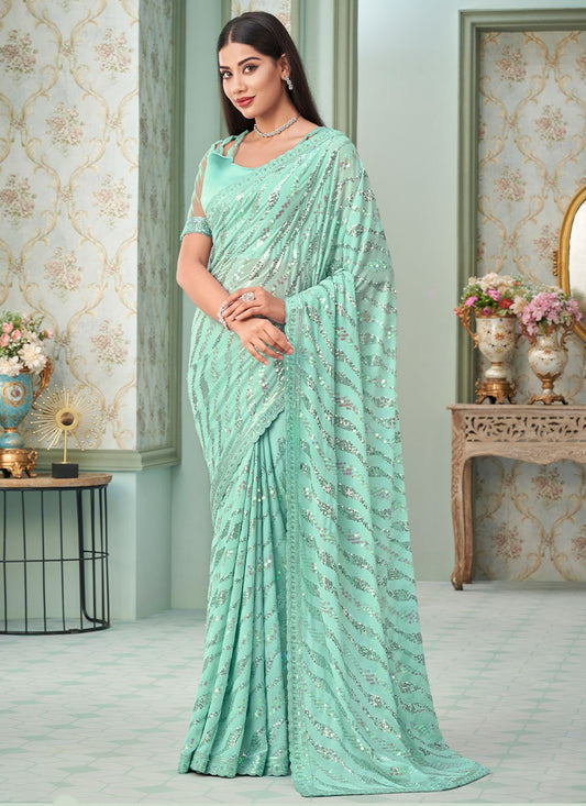 Classic Georgette Turquoise Sequins Saree