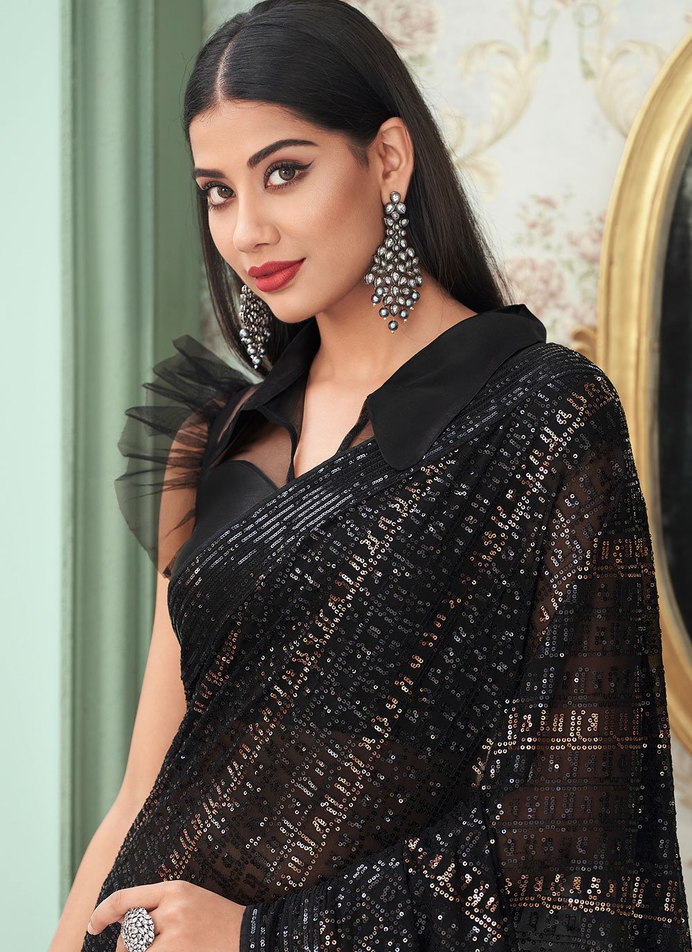 Classic Georgette Black Sequins Saree