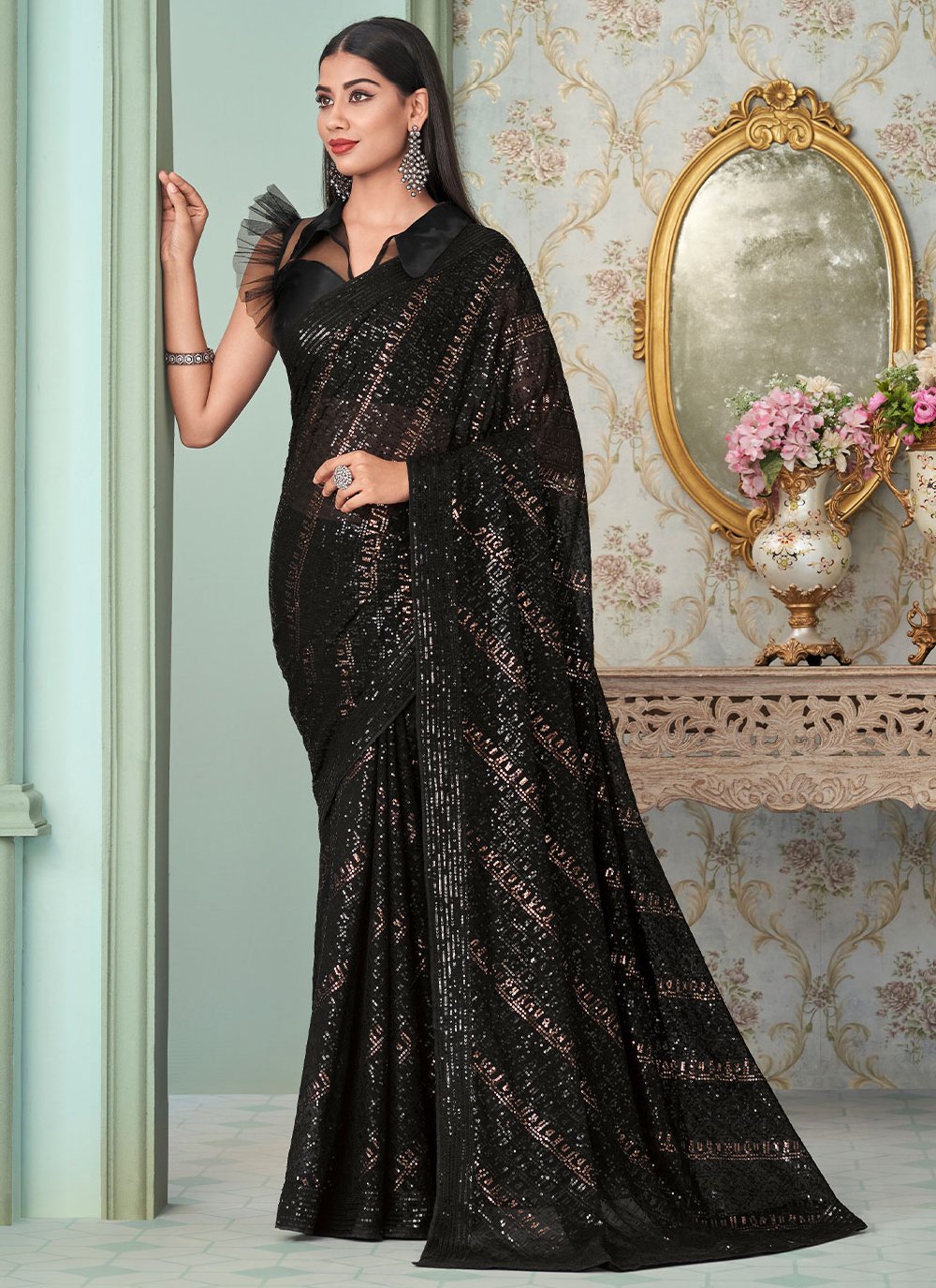 Classic Georgette Black Sequins Saree