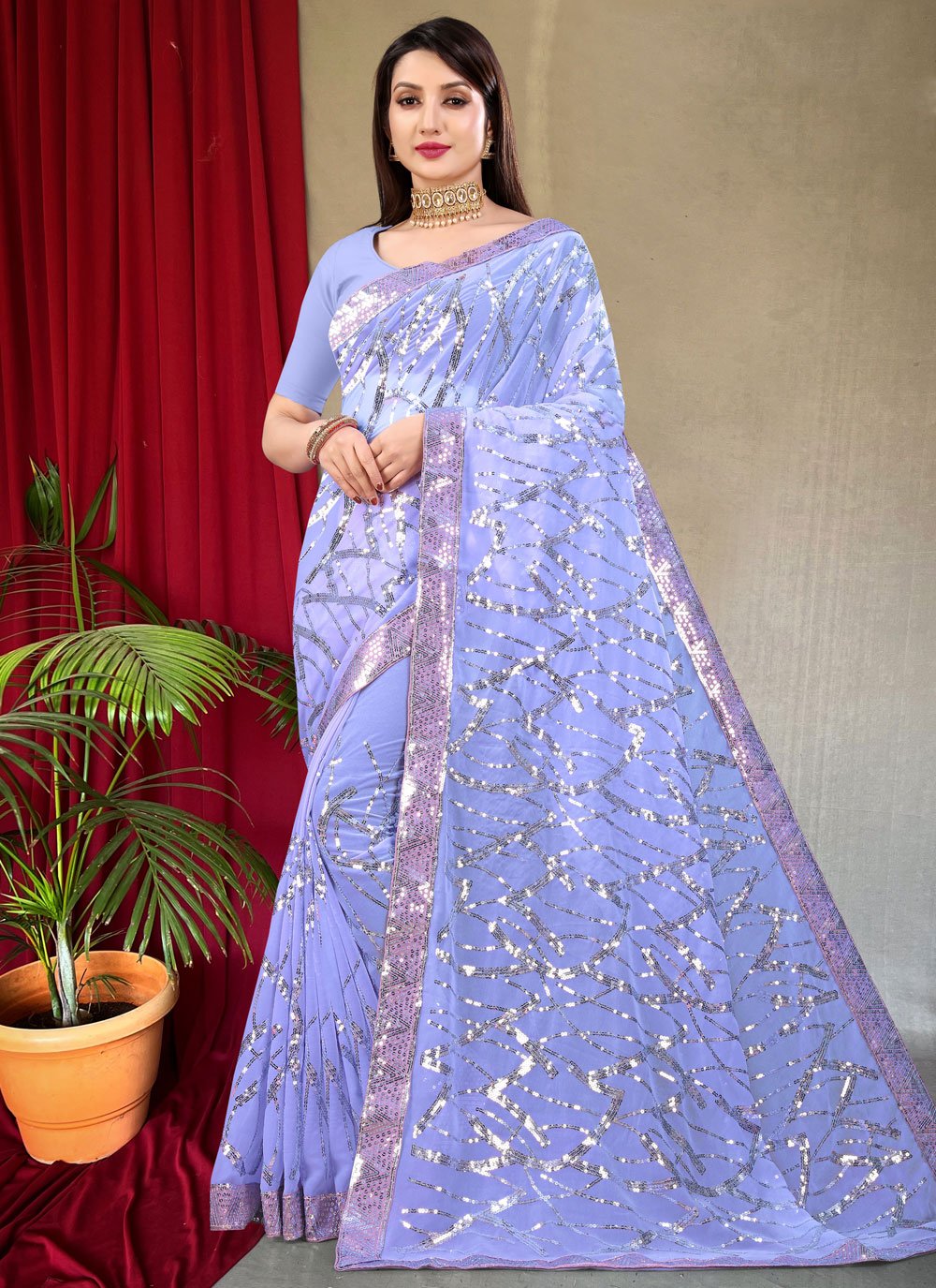 Classic Georgette Lavender Sequins Saree