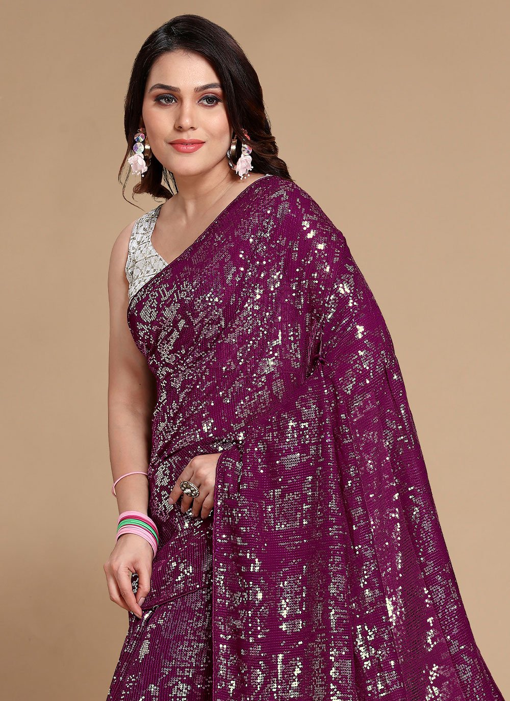 Classic Georgette Wine Sequins Saree