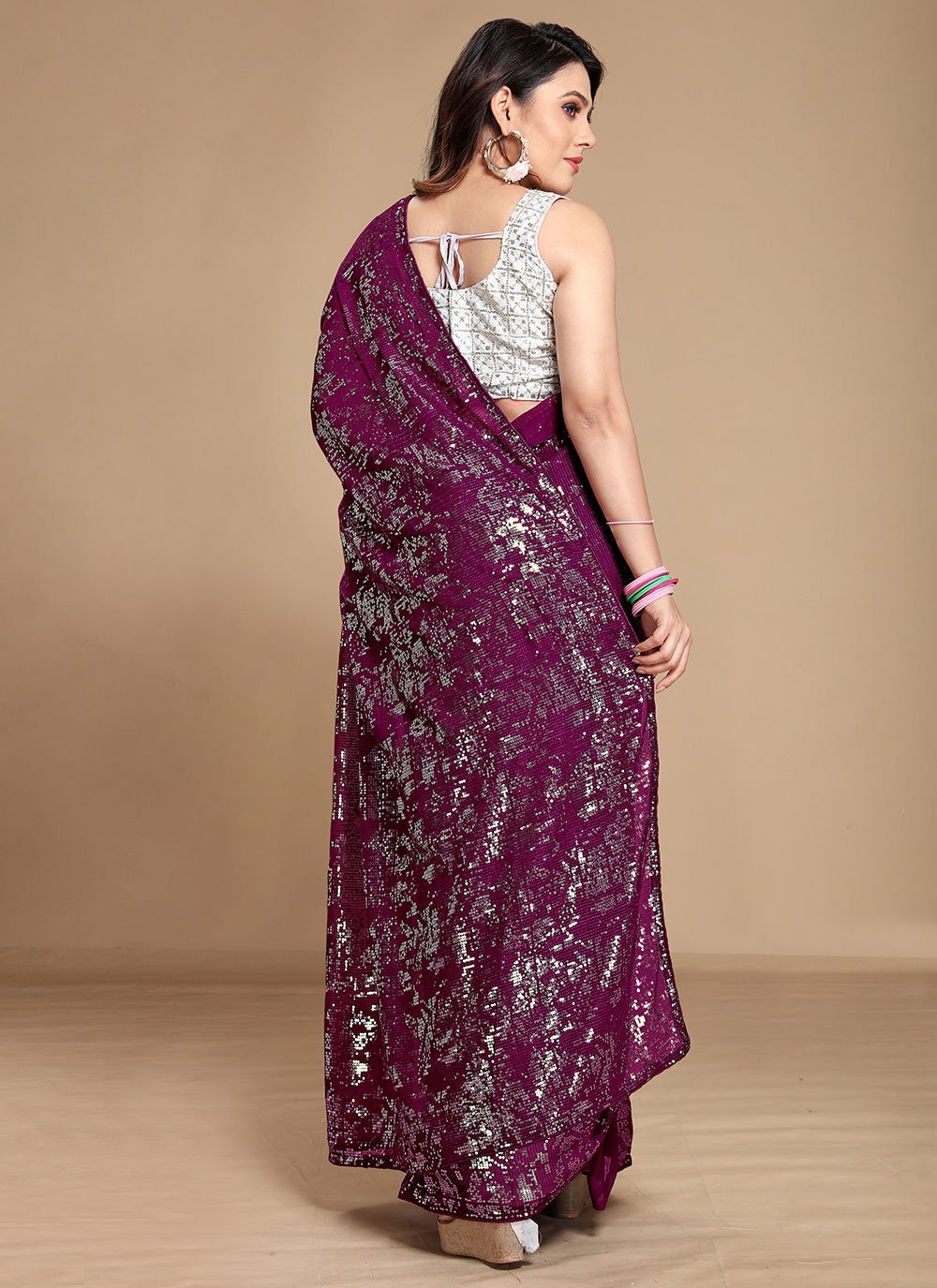 Classic Georgette Wine Sequins Saree